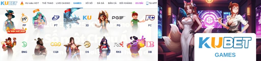 KUBET Games với hình nhân vật hoạt hình và logo các nhà cung cấp trò chơi như PP PT PG FC BNG CQ9 DS RK5 và DB
